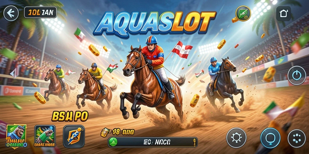 Screenshot AQUASLOT menampilkan balapan intens dengan mobil yang melaju kencang.