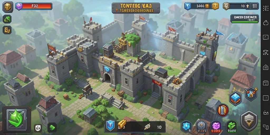 Screenshot gameplay F32 menampilkan pertarungan menara yang dinamis dan seru.