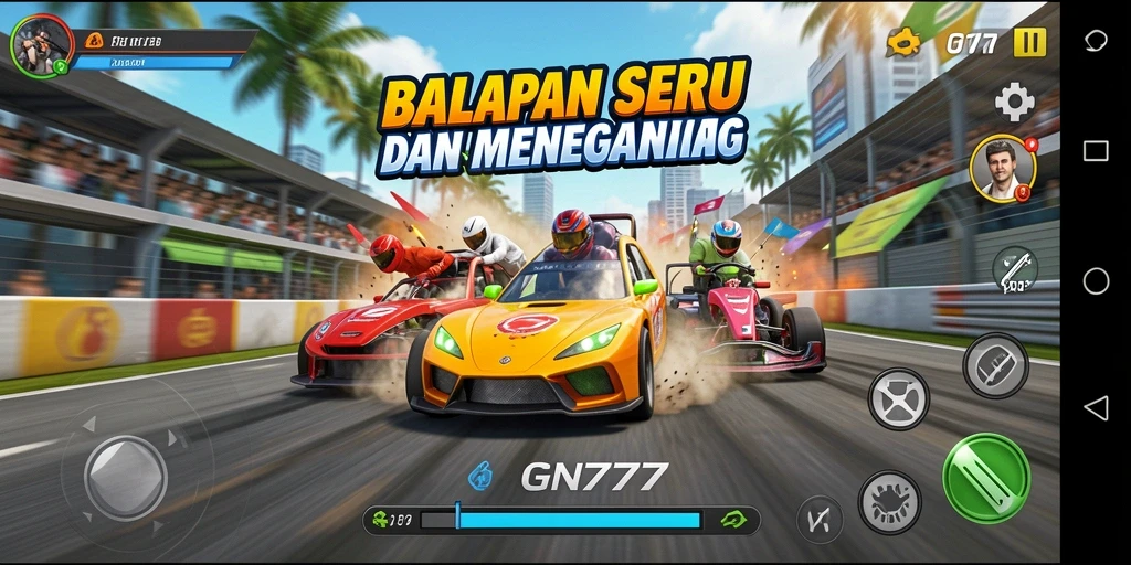 Gameplay GN777 menampilkan balapan seru dengan mobil beragam di lintasan yang menantang.