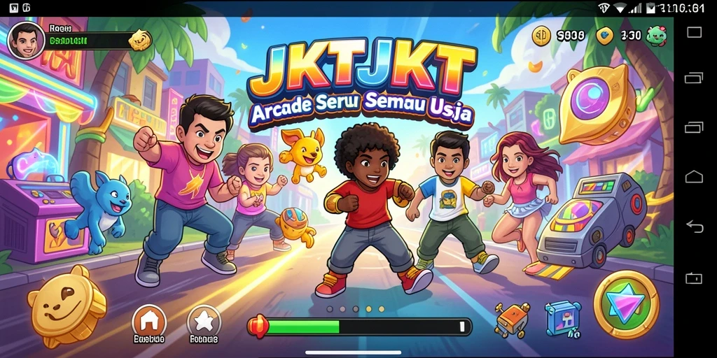 Tampilan gameplay JKTJKT yang penuh aksi dan warna-warni.