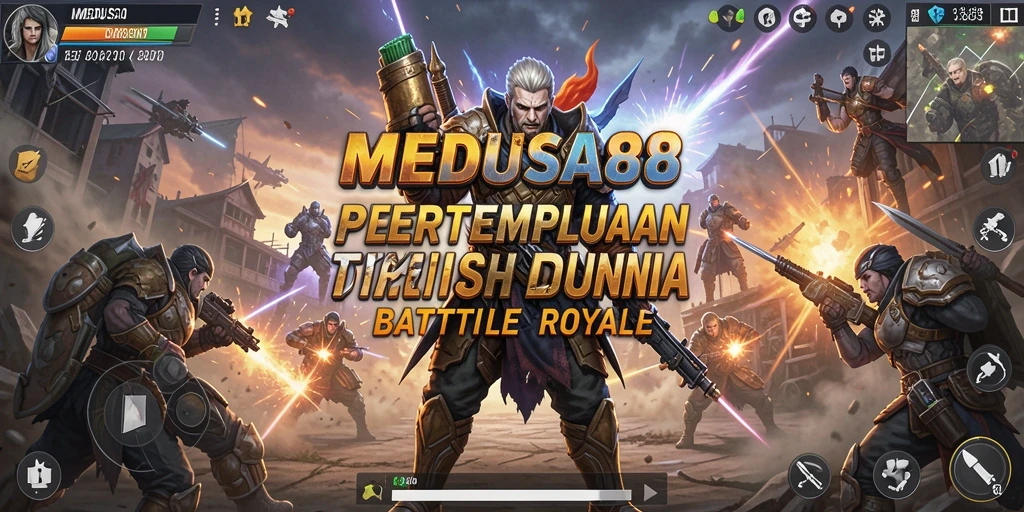 Screenshot gameplay MEDUSA88 menunjukkan aksi pertempuran yang seru di arena Battle Royale.